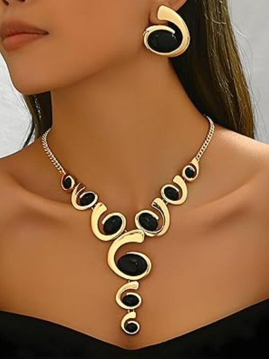 Gold & Black Boho Classy Chunky Jewelry Set Vintage Pendant Necklace Stackable - Picture 4 of 5